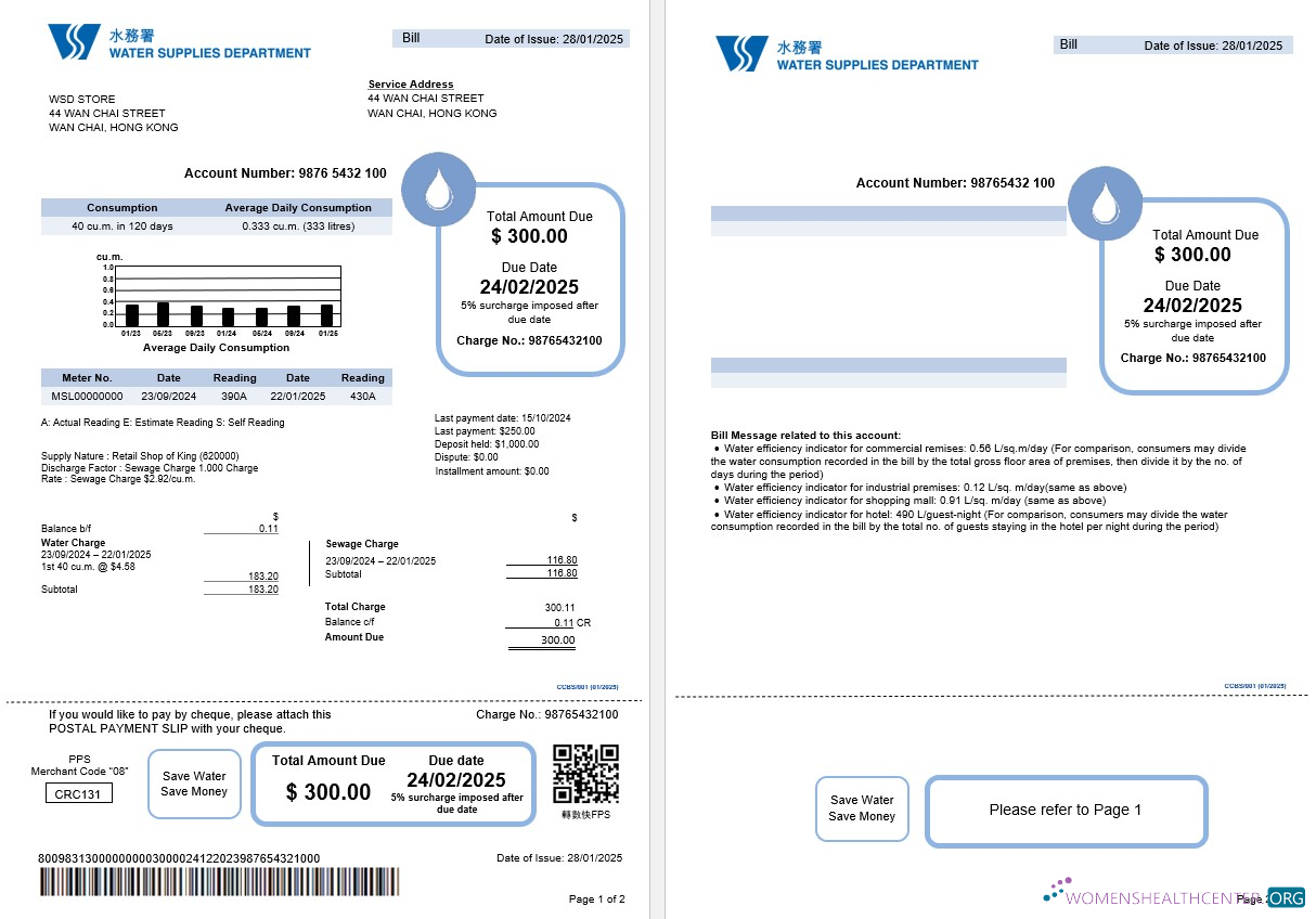 download download Hong Kong Water Supplies Department utility bill editable template